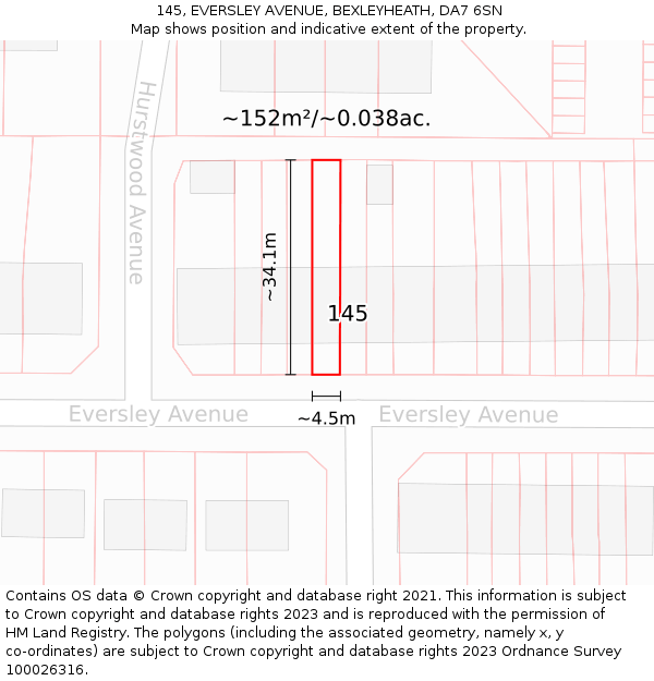145, EVERSLEY AVENUE, BEXLEYHEATH, DA7 6SN: Plot and title map