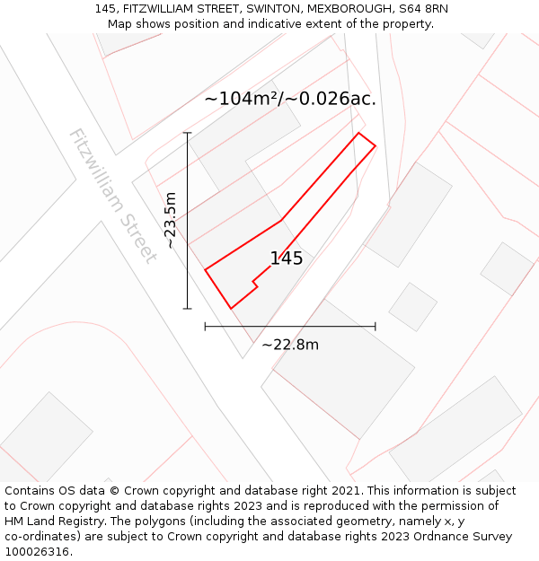 145, FITZWILLIAM STREET, SWINTON, MEXBOROUGH, S64 8RN: Plot and title map