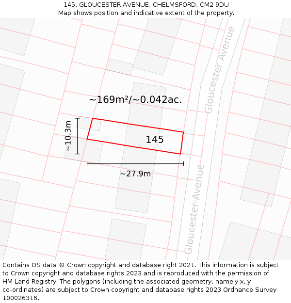 145, GLOUCESTER AVENUE, CHELMSFORD, CM2 9DU: Plot and title map
