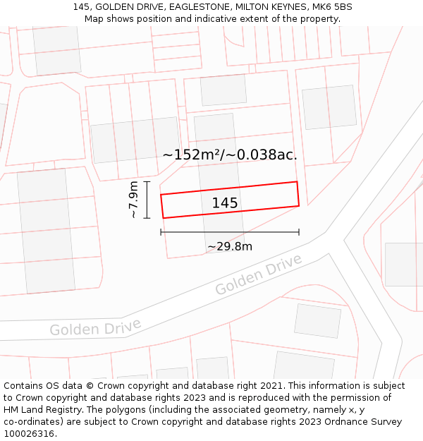 145, GOLDEN DRIVE, EAGLESTONE, MILTON KEYNES, MK6 5BS: Plot and title map