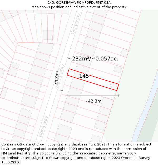 145, GORSEWAY, ROMFORD, RM7 0SA: Plot and title map
