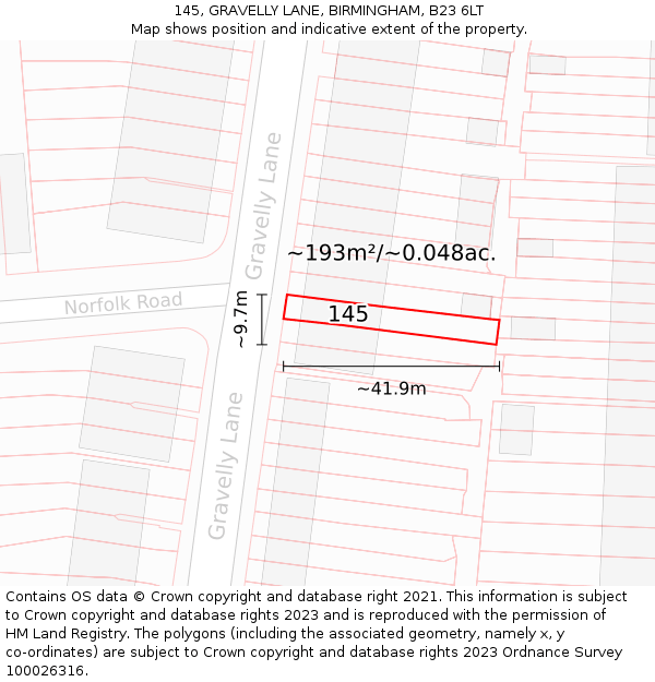 145, GRAVELLY LANE, BIRMINGHAM, B23 6LT: Plot and title map
