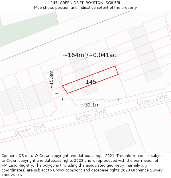145, GREEN DRIFT, ROYSTON, SG8 5BL: Plot and title map