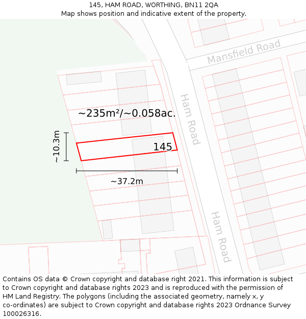 145, HAM ROAD, WORTHING, BN11 2QA: Plot and title map