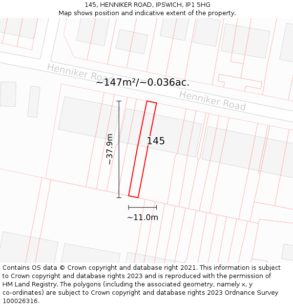 145, HENNIKER ROAD, IPSWICH, IP1 5HG: Plot and title map