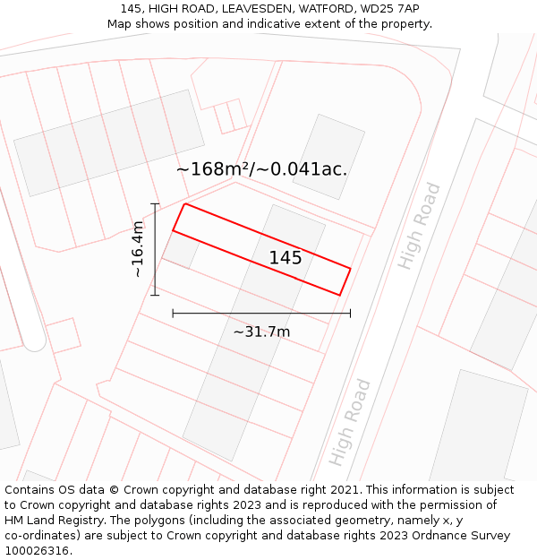 145, HIGH ROAD, LEAVESDEN, WATFORD, WD25 7AP: Plot and title map