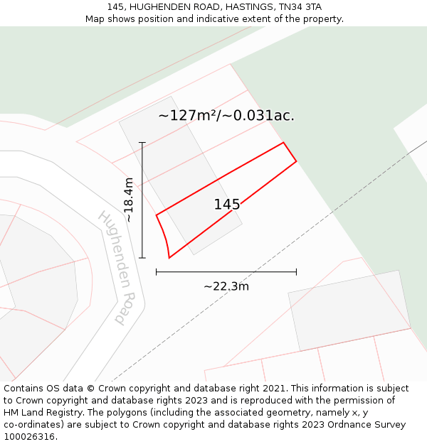 145, HUGHENDEN ROAD, HASTINGS, TN34 3TA: Plot and title map