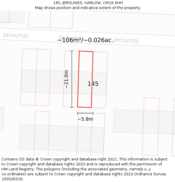 145, JEROUNDS, HARLOW, CM19 4HH: Plot and title map