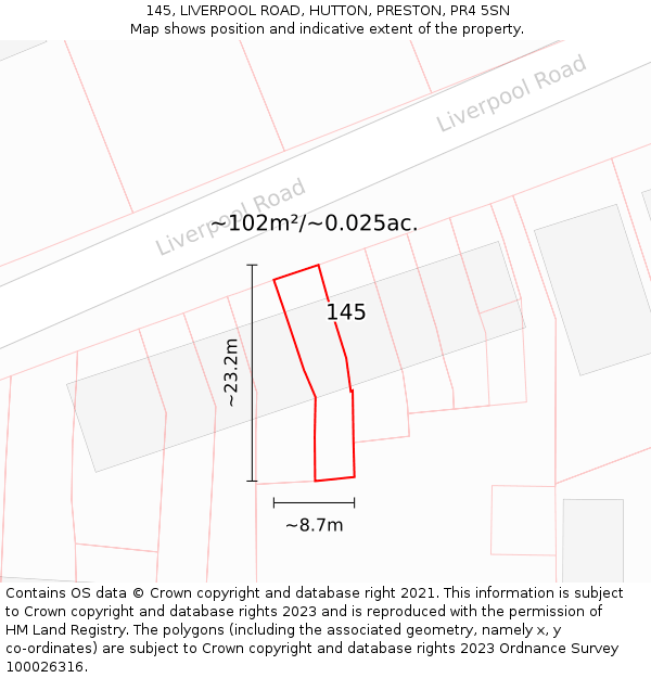 145, LIVERPOOL ROAD, HUTTON, PRESTON, PR4 5SN: Plot and title map