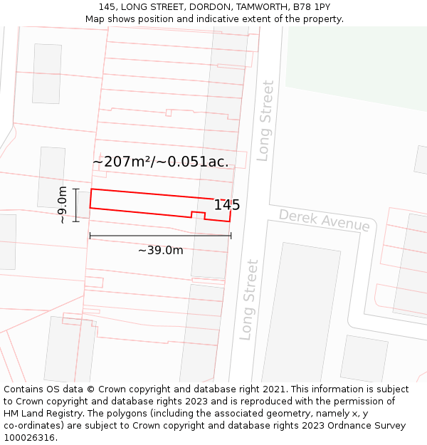 145, LONG STREET, DORDON, TAMWORTH, B78 1PY: Plot and title map
