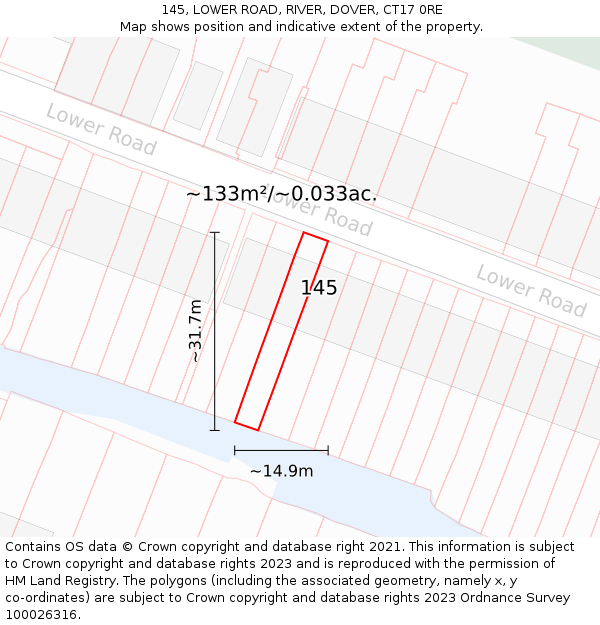 145, LOWER ROAD, RIVER, DOVER, CT17 0RE: Plot and title map