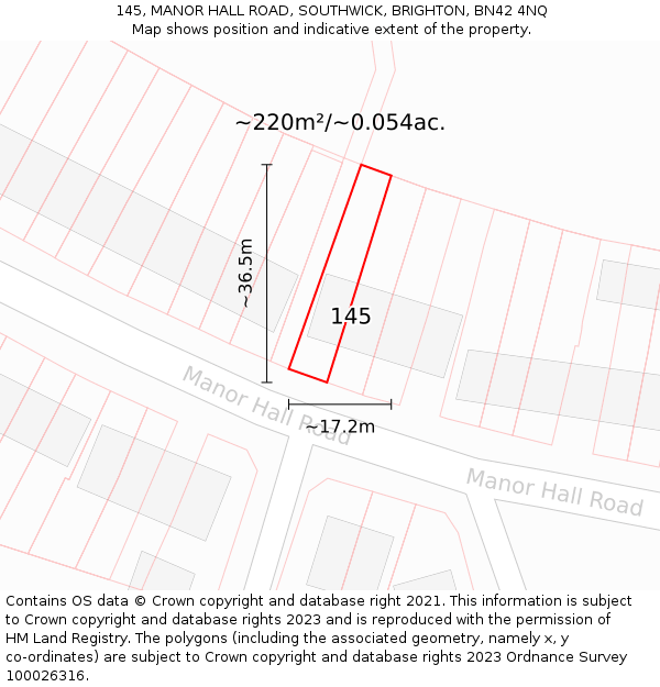 145, MANOR HALL ROAD, SOUTHWICK, BRIGHTON, BN42 4NQ: Plot and title map