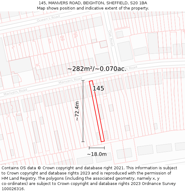 145, MANVERS ROAD, BEIGHTON, SHEFFIELD, S20 1BA: Plot and title map