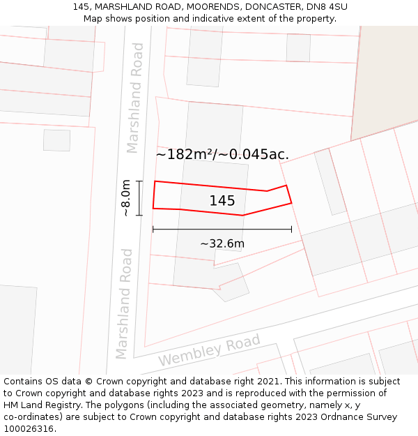 145, MARSHLAND ROAD, MOORENDS, DONCASTER, DN8 4SU: Plot and title map