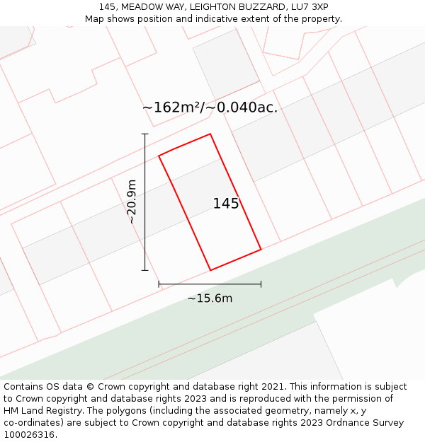 145, MEADOW WAY, LEIGHTON BUZZARD, LU7 3XP: Plot and title map