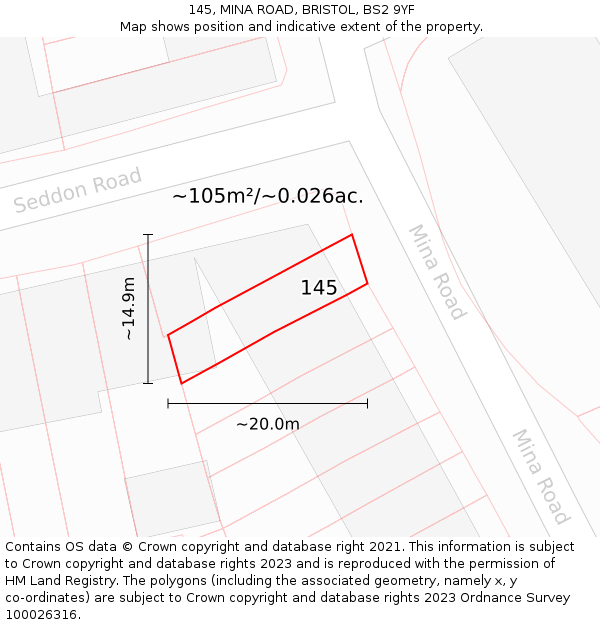 145, MINA ROAD, BRISTOL, BS2 9YF: Plot and title map