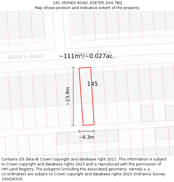 145, MONKS ROAD, EXETER, EX4 7BQ: Plot and title map