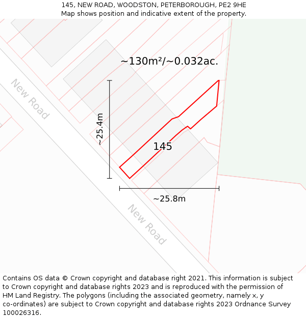 145, NEW ROAD, WOODSTON, PETERBOROUGH, PE2 9HE: Plot and title map