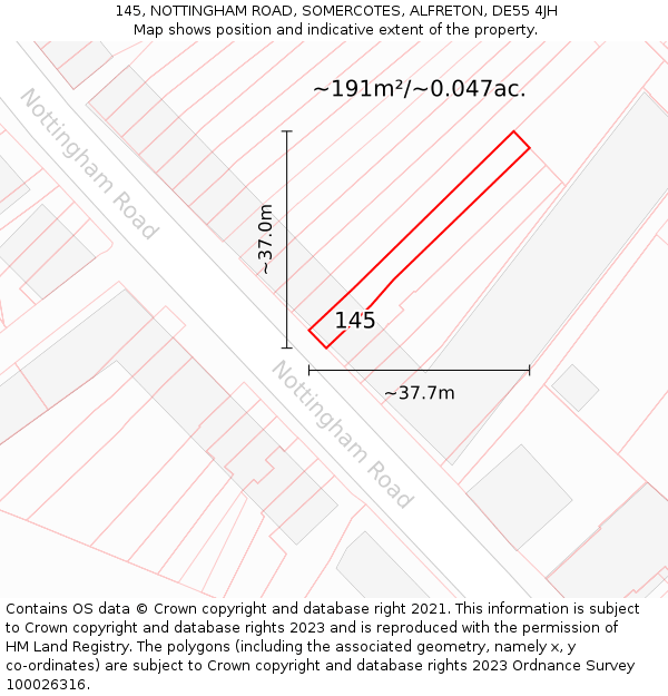 145, NOTTINGHAM ROAD, SOMERCOTES, ALFRETON, DE55 4JH: Plot and title map
