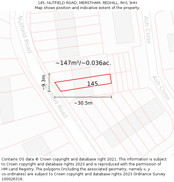 145, NUTFIELD ROAD, MERSTHAM, REDHILL, RH1 3HH: Plot and title map