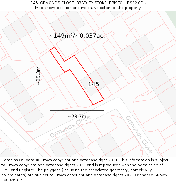 145, ORMONDS CLOSE, BRADLEY STOKE, BRISTOL, BS32 0DU: Plot and title map