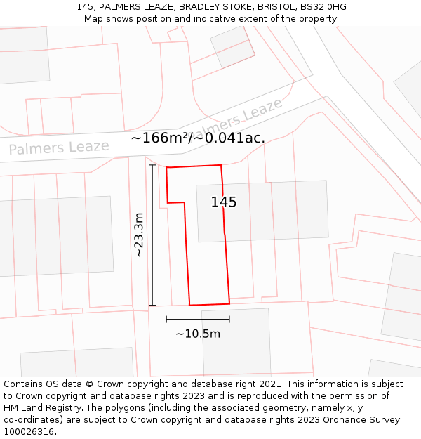 145, PALMERS LEAZE, BRADLEY STOKE, BRISTOL, BS32 0HG: Plot and title map
