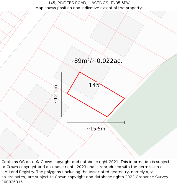 145, PINDERS ROAD, HASTINGS, TN35 5PW: Plot and title map