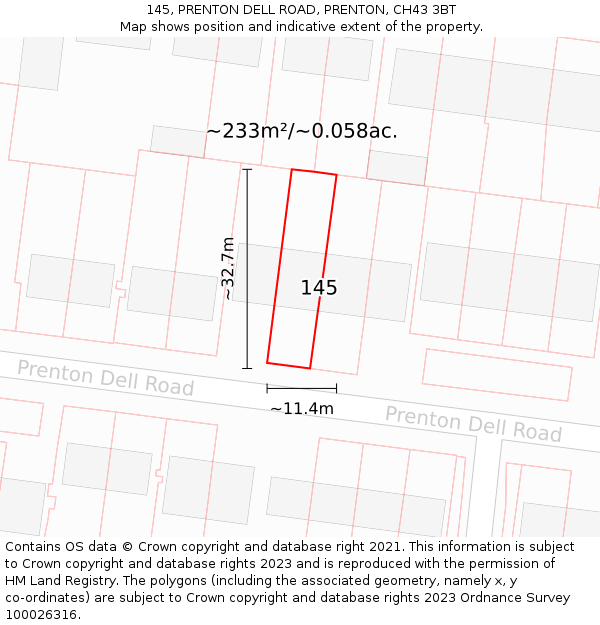 145, PRENTON DELL ROAD, PRENTON, CH43 3BT: Plot and title map