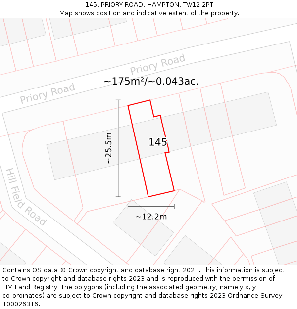 145, PRIORY ROAD, HAMPTON, TW12 2PT: Plot and title map