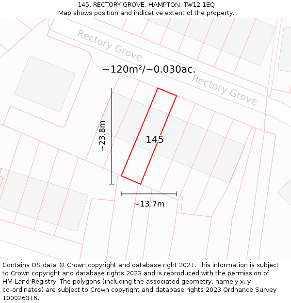 145, RECTORY GROVE, HAMPTON, TW12 1EQ: Plot and title map