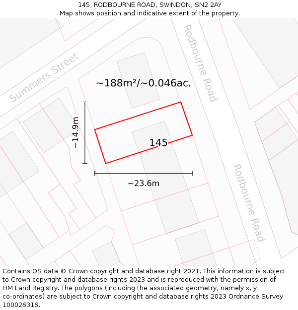 145, RODBOURNE ROAD, SWINDON, SN2 2AY: Plot and title map