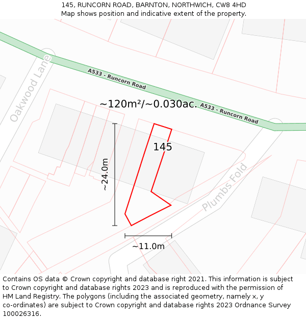 145, RUNCORN ROAD, BARNTON, NORTHWICH, CW8 4HD: Plot and title map