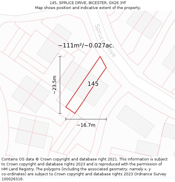 145, SPRUCE DRIVE, BICESTER, OX26 3YF: Plot and title map