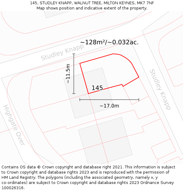 145, STUDLEY KNAPP, WALNUT TREE, MILTON KEYNES, MK7 7NF: Plot and title map