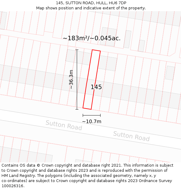 145, SUTTON ROAD, HULL, HU6 7DP: Plot and title map
