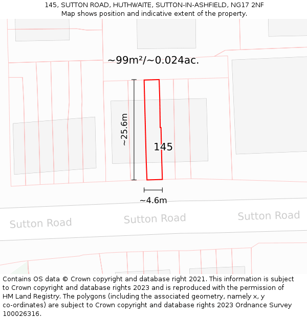 145, SUTTON ROAD, HUTHWAITE, SUTTON-IN-ASHFIELD, NG17 2NF: Plot and title map