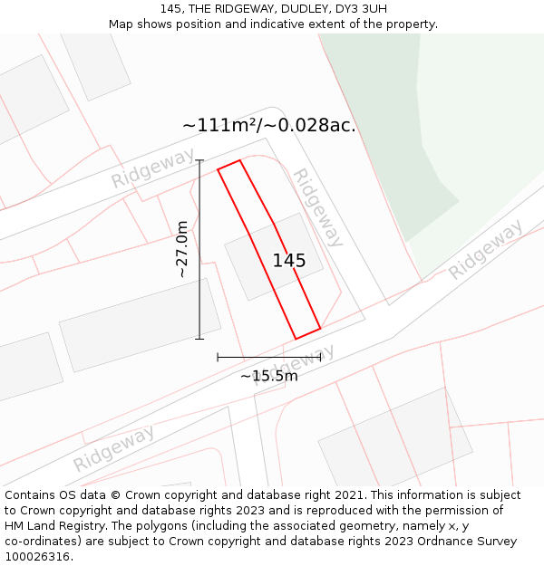 145, THE RIDGEWAY, DUDLEY, DY3 3UH: Plot and title map