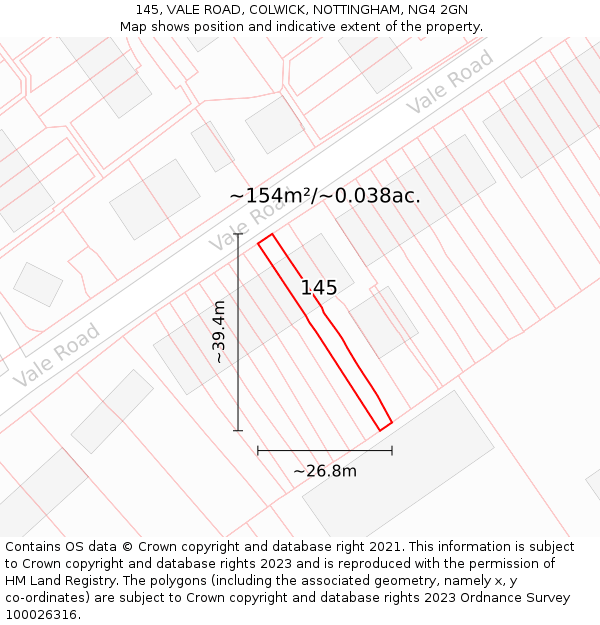 145, VALE ROAD, COLWICK, NOTTINGHAM, NG4 2GN: Plot and title map