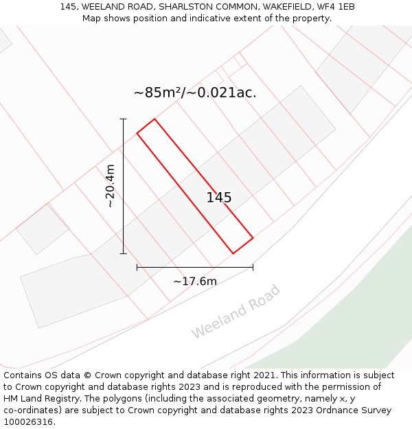 145, WEELAND ROAD, SHARLSTON COMMON, WAKEFIELD, WF4 1EB: Plot and title map