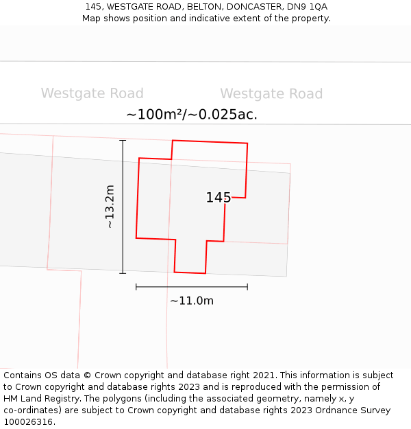 145, WESTGATE ROAD, BELTON, DONCASTER, DN9 1QA: Plot and title map
