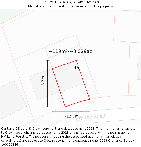 145, WHITBY ROAD, IPSWICH, IP4 4AG: Plot and title map