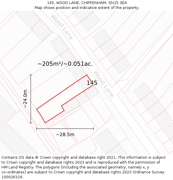 145, WOOD LANE, CHIPPENHAM, SN15 3EA: Plot and title map
