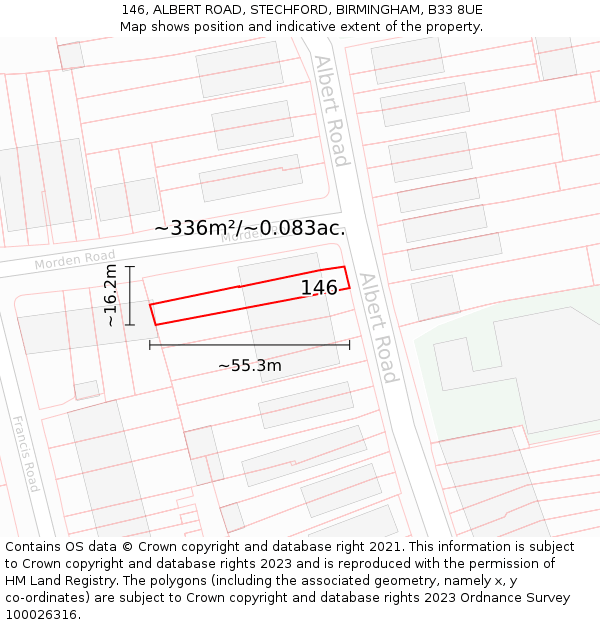 146, ALBERT ROAD, STECHFORD, BIRMINGHAM, B33 8UE: Plot and title map