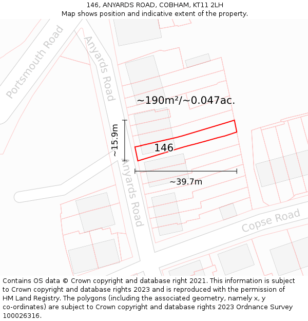 146, ANYARDS ROAD, COBHAM, KT11 2LH: Plot and title map