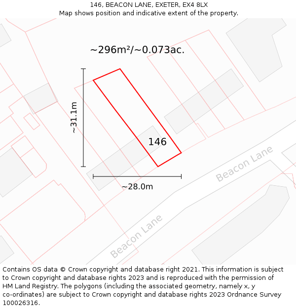 146, BEACON LANE, EXETER, EX4 8LX: Plot and title map