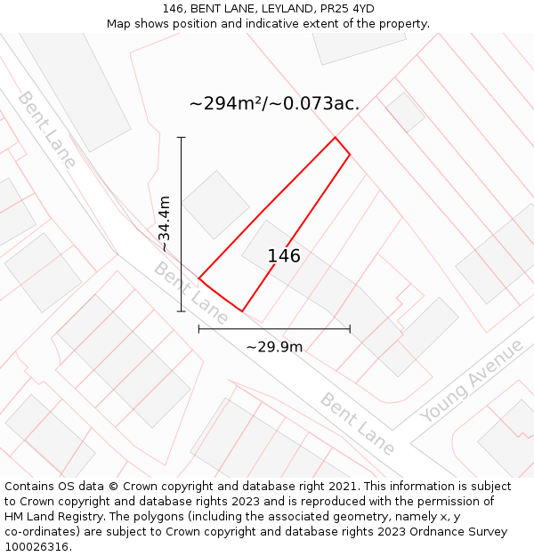 146, BENT LANE, LEYLAND, PR25 4YD: Plot and title map