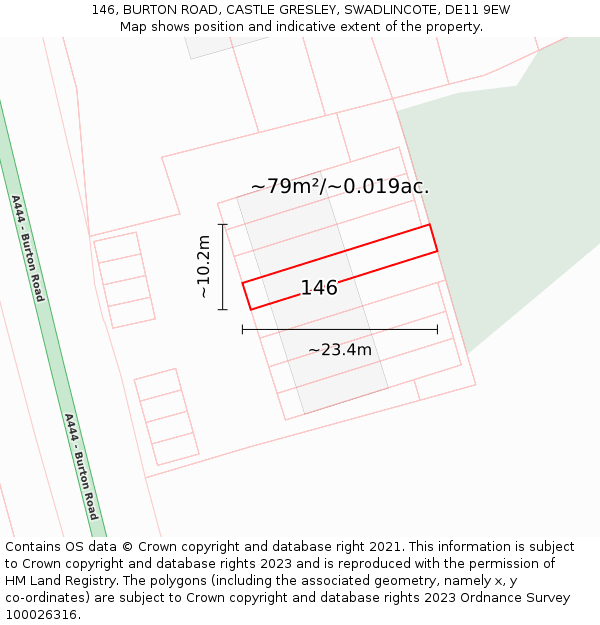146, BURTON ROAD, CASTLE GRESLEY, SWADLINCOTE, DE11 9EW: Plot and title map