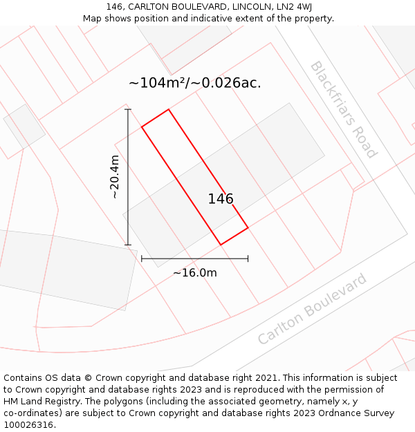 146, CARLTON BOULEVARD, LINCOLN, LN2 4WJ: Plot and title map