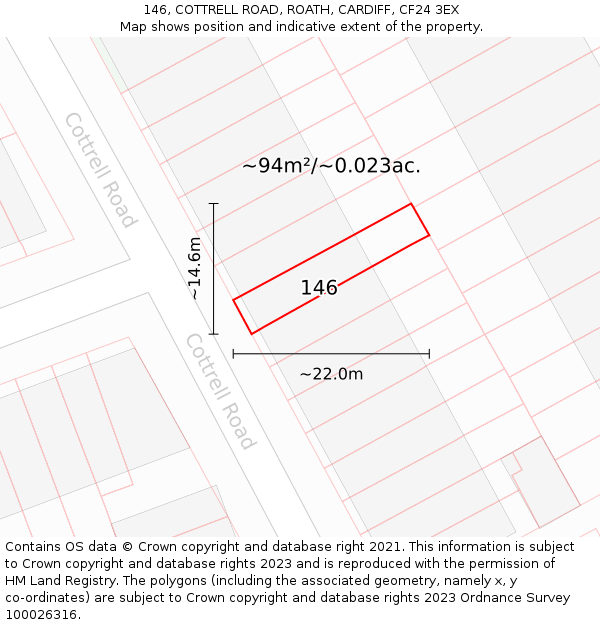 146, COTTRELL ROAD, ROATH, CARDIFF, CF24 3EX: Plot and title map