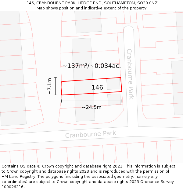 146, CRANBOURNE PARK, HEDGE END, SOUTHAMPTON, SO30 0NZ: Plot and title map